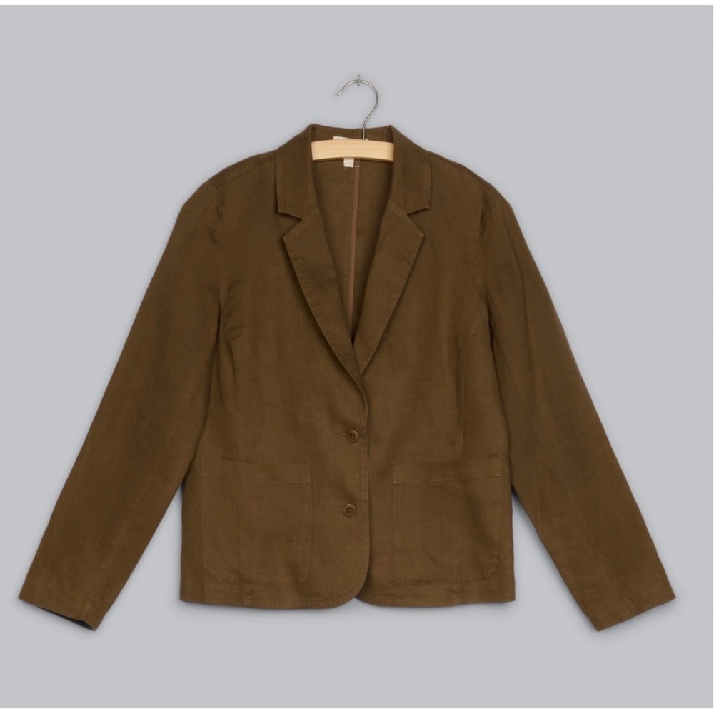 Eileen Fisher Organic Linen Blazer Olive Green Medium Two Button Jacket Women